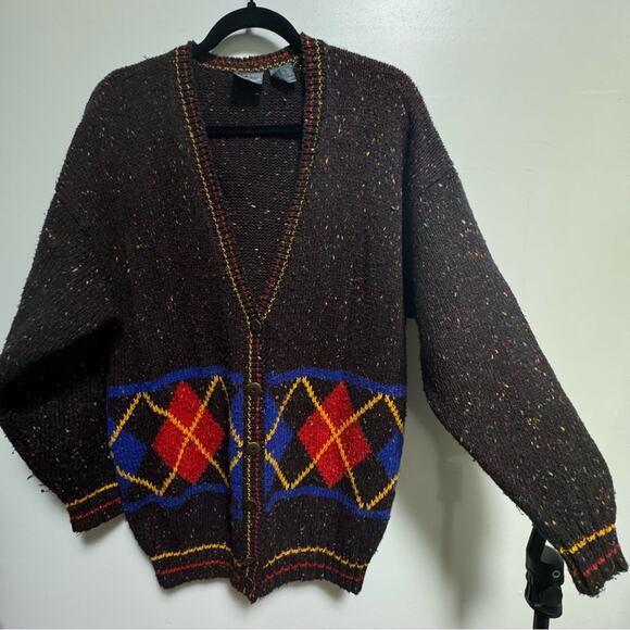 Vintage Cardigan Plaid Prep Argyle Thick Wool blend Button Small 80s - Picture 5 of 16